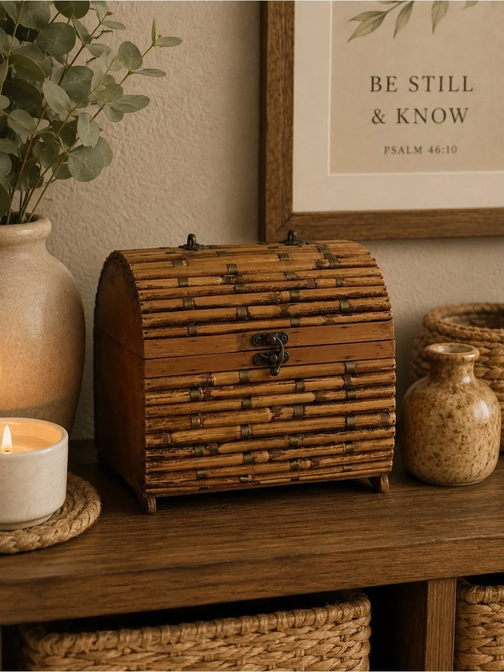 Vintage Bamboo Wooden Chest Trinket Box | Rustic Boho Storage | Rare Collectible